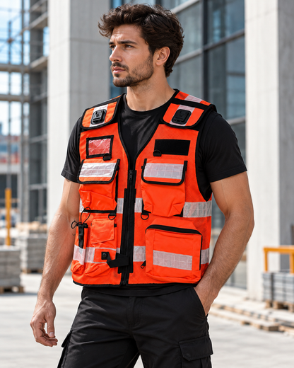 TIGERNOX Premium Multifunktions-Warnweste Orange – mit zahlreichen Taschen, Funkgerätehalterung & Reflexstreifen