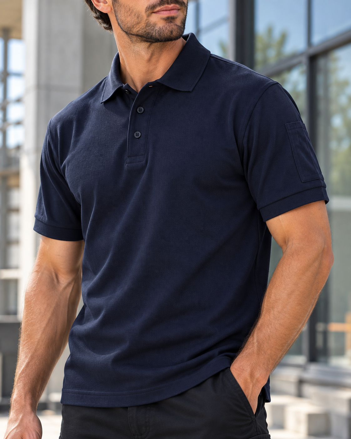 TIGERNOX Utility Poloshirt Herren – Marineblau | Kurzarm mit Ärmeltasche
