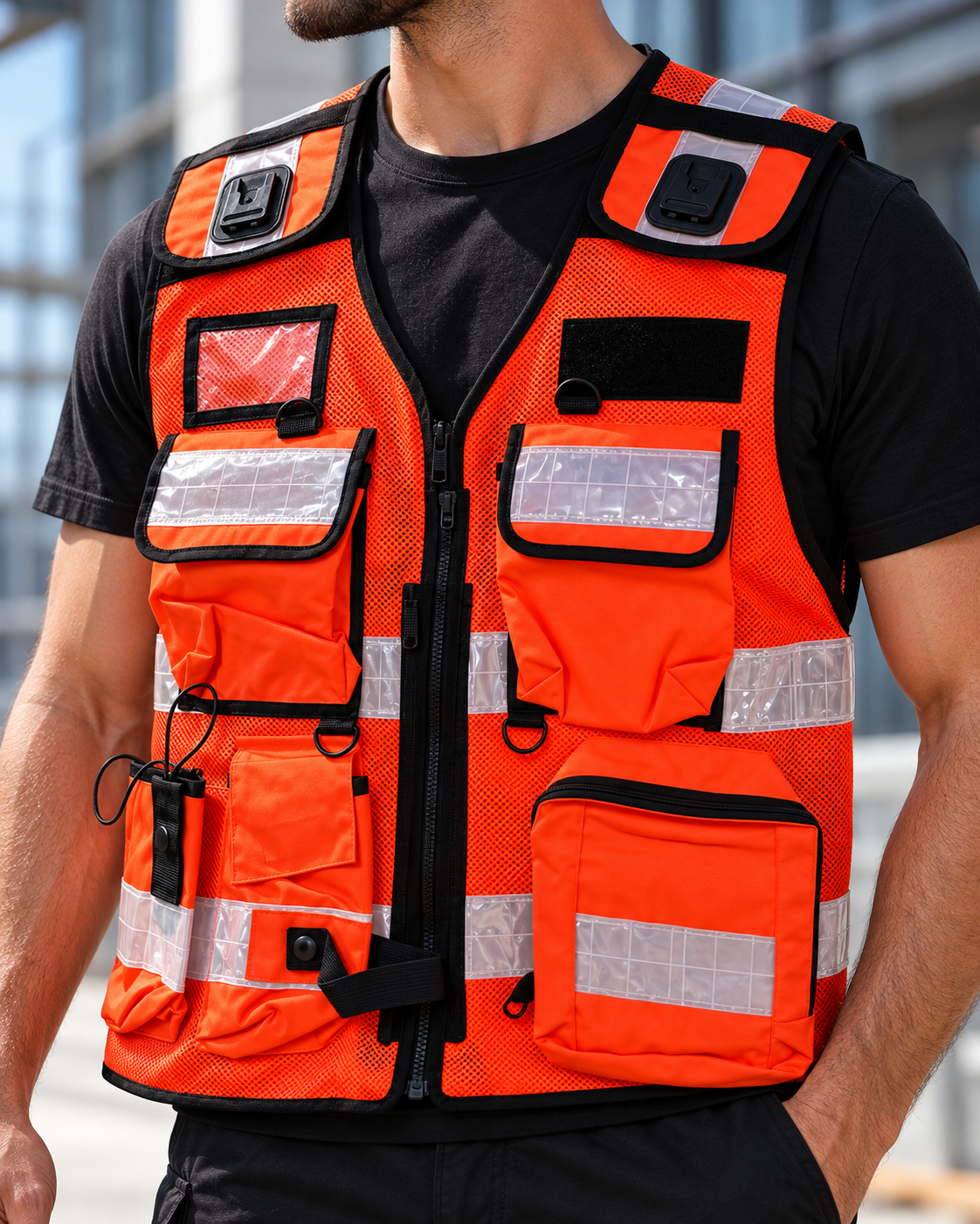 TIGERNOX Premium Multifunktions-Warnweste Orange – mit zahlreichen Taschen, Funkgerätehalterung & Reflexstreifen