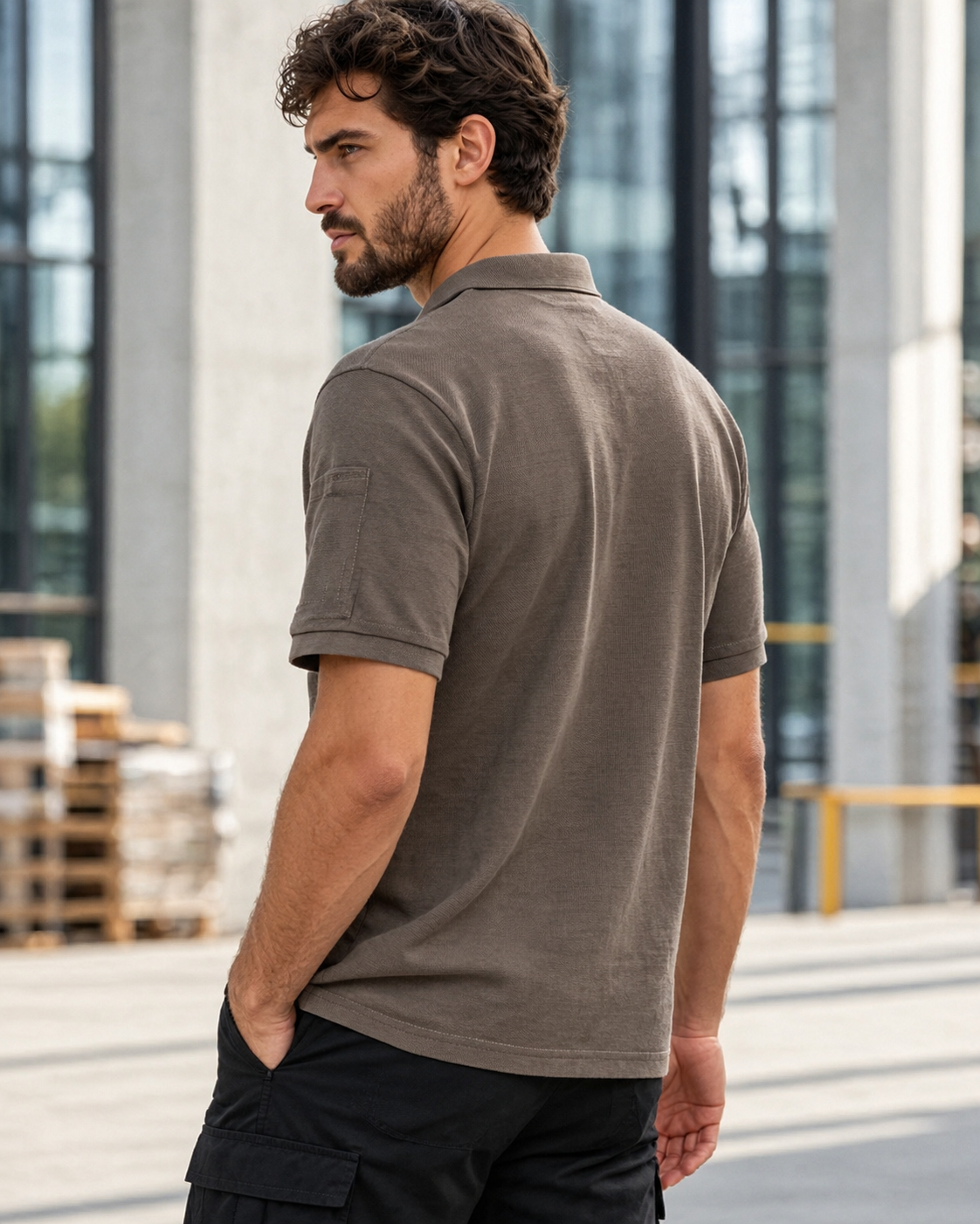 TIGERNOX Utility Poloshirt Herren – Taupe | Kurzarm mit Ärmeltasche