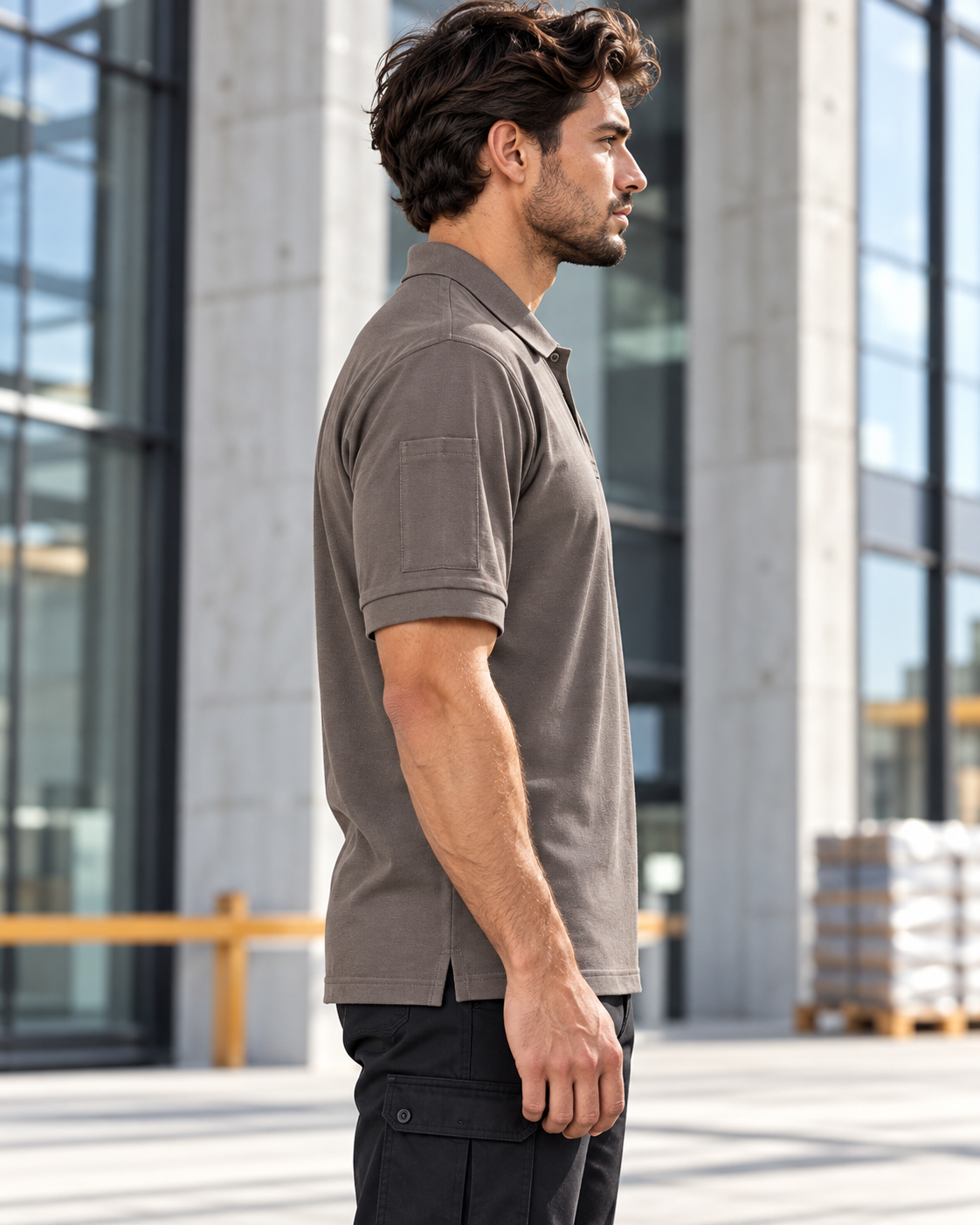 TIGERNOX Utility Poloshirt Herren – Taupe | Kurzarm mit Ärmeltasche