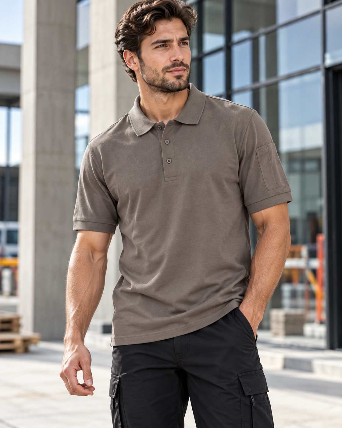 TIGERNOX Utility Poloshirt Herren – Taupe | Kurzarm mit Ärmeltasche