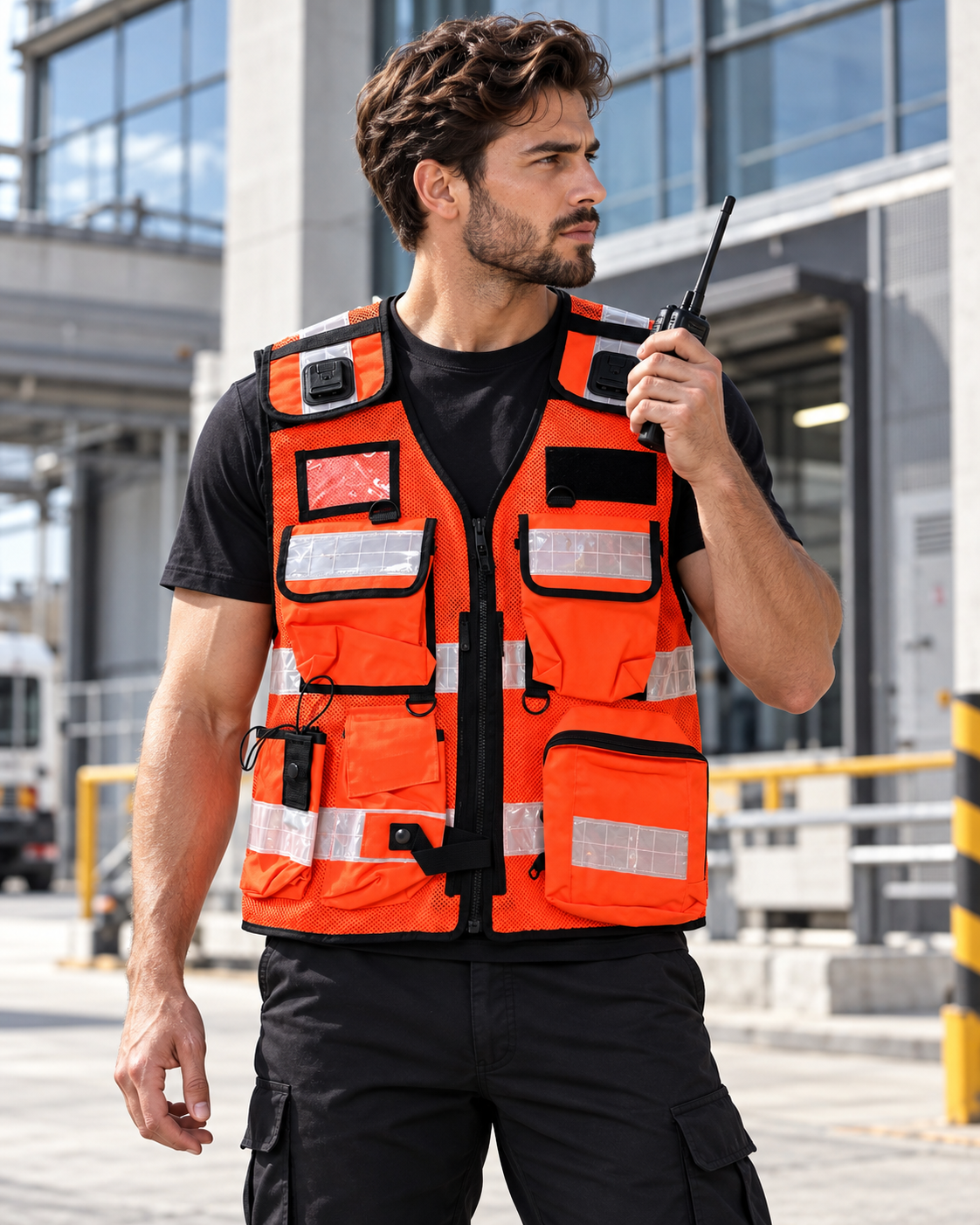 TIGERNOX Premium Multifunktions-Warnweste Orange – mit zahlreichen Taschen, Funkgerätehalterung & Reflexstreifen