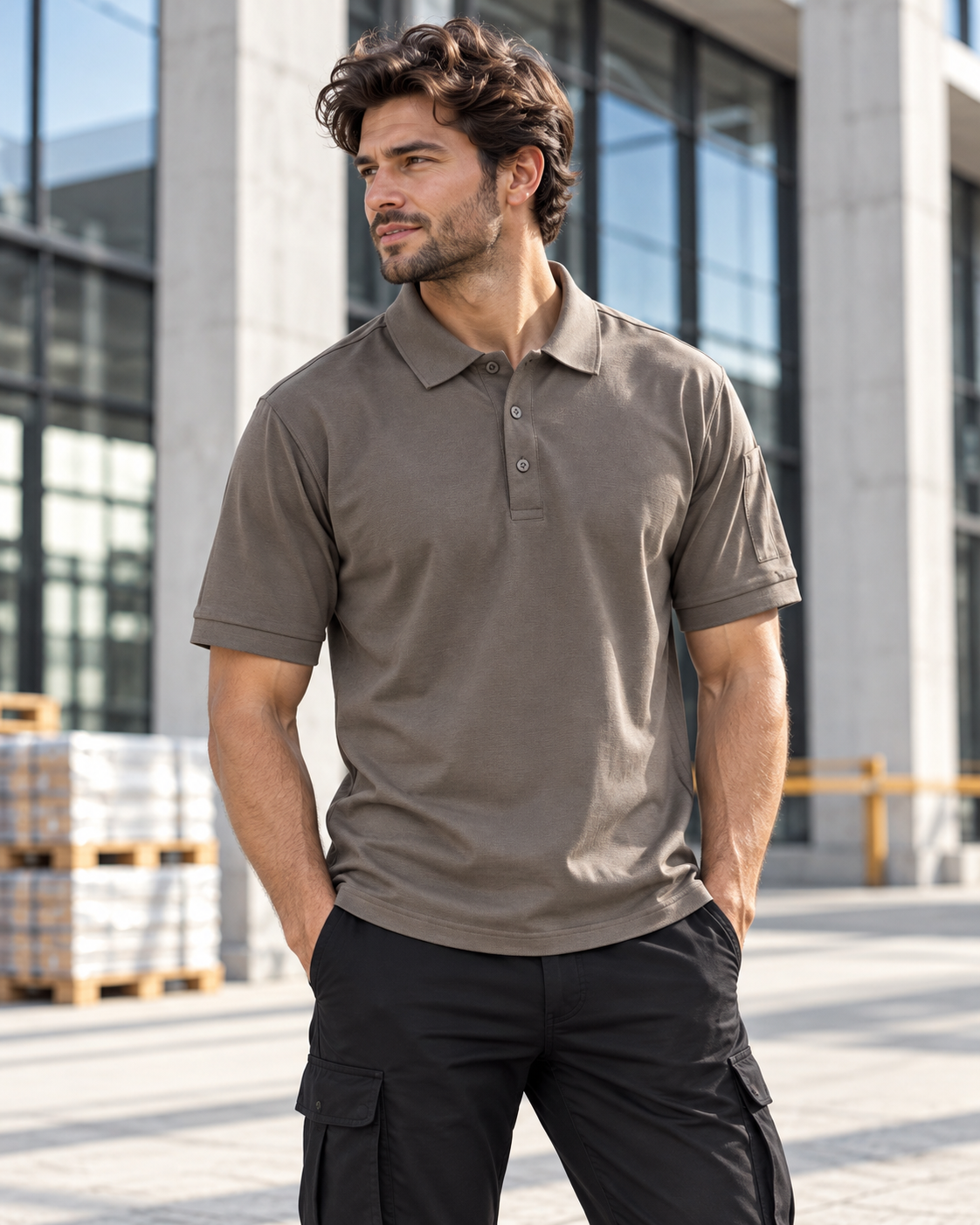 TIGERNOX Utility Poloshirt Herren – Taupe | Kurzarm mit Ärmeltasche